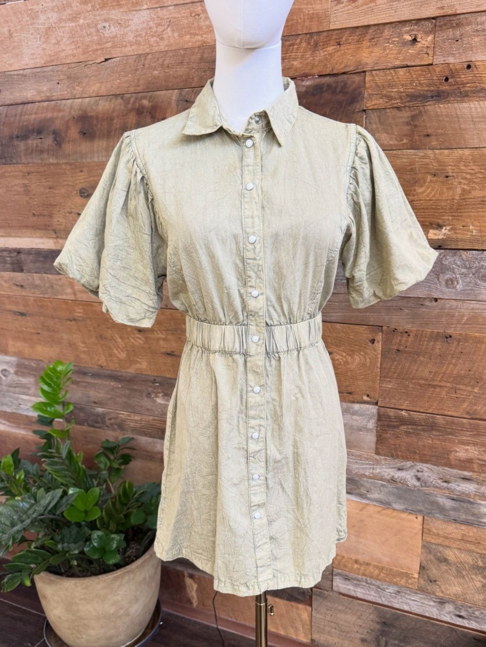 Style Envy Olive Denim Puff Sleeve Button Front Mini Dress NWT Size M